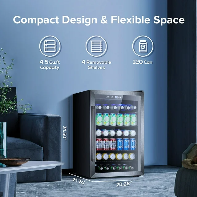 Auseo 4.5cu.ft Beverage Refrigerator Cooler - 145 Can Mini Fridge Glass Door for Soda Beer or Wine Drink Dispenser Clear Front for Home, Office or Bar, Black