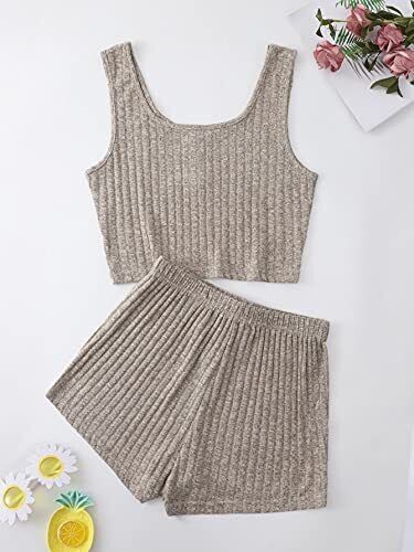 SheIn Women's 2 Piece Sleeveless Button Crop Tank Tops and Shorts Lounge Set