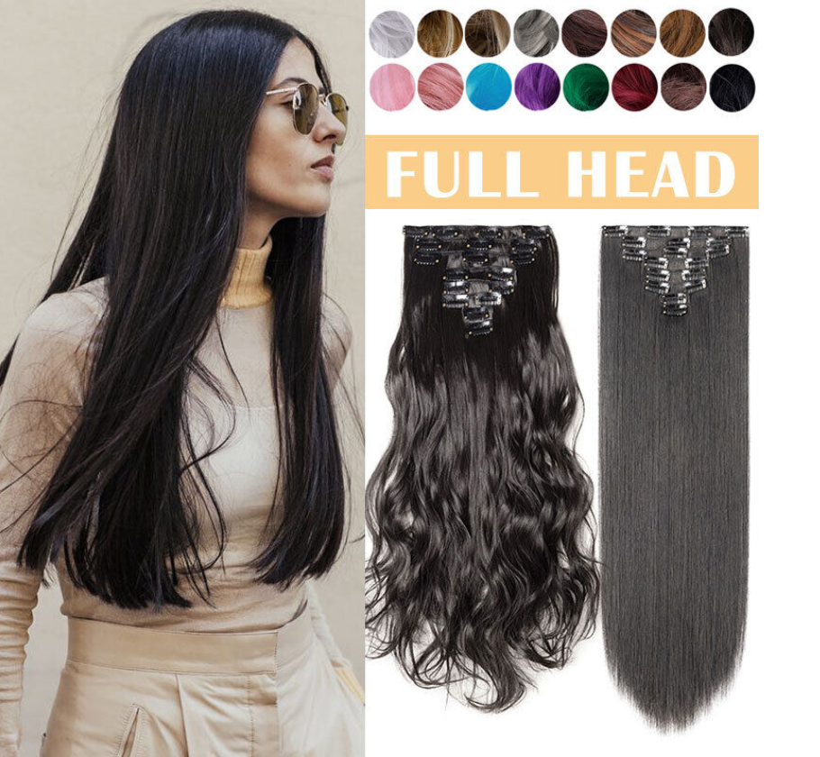 100% Natural Thick Clip in Hair Extensions 8 Pieces Full Head Long As Human Hair