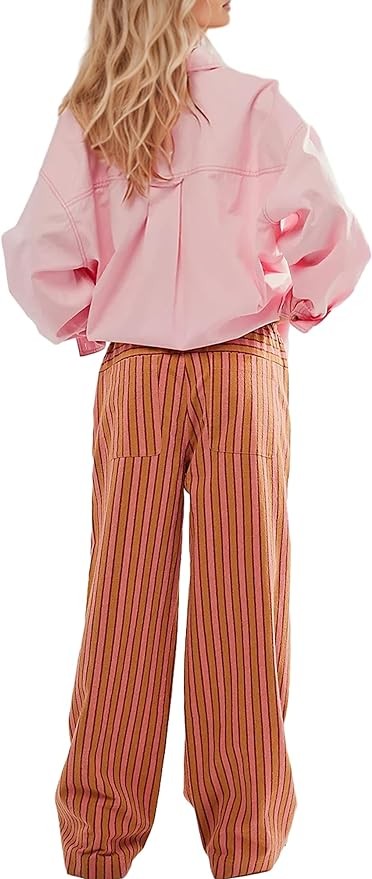 AIHUKOCY Women Drawstring Stripe Wide Leg Casual Trousers Striped Low Rise Casual Loose Lounge Pants with Pockets