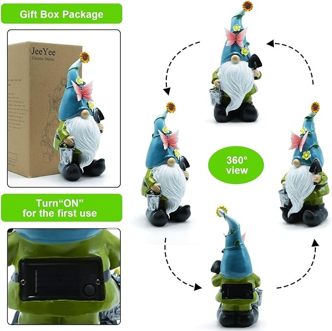 REYISO Gnome Statue for Garden Decor with Solar Lights, Outdoor Gnome with Butterfly Decorations & Sunflower Hat, Gnome Statue for Patio, Balcony, Lawn Ornament, for Mom, Women, Men