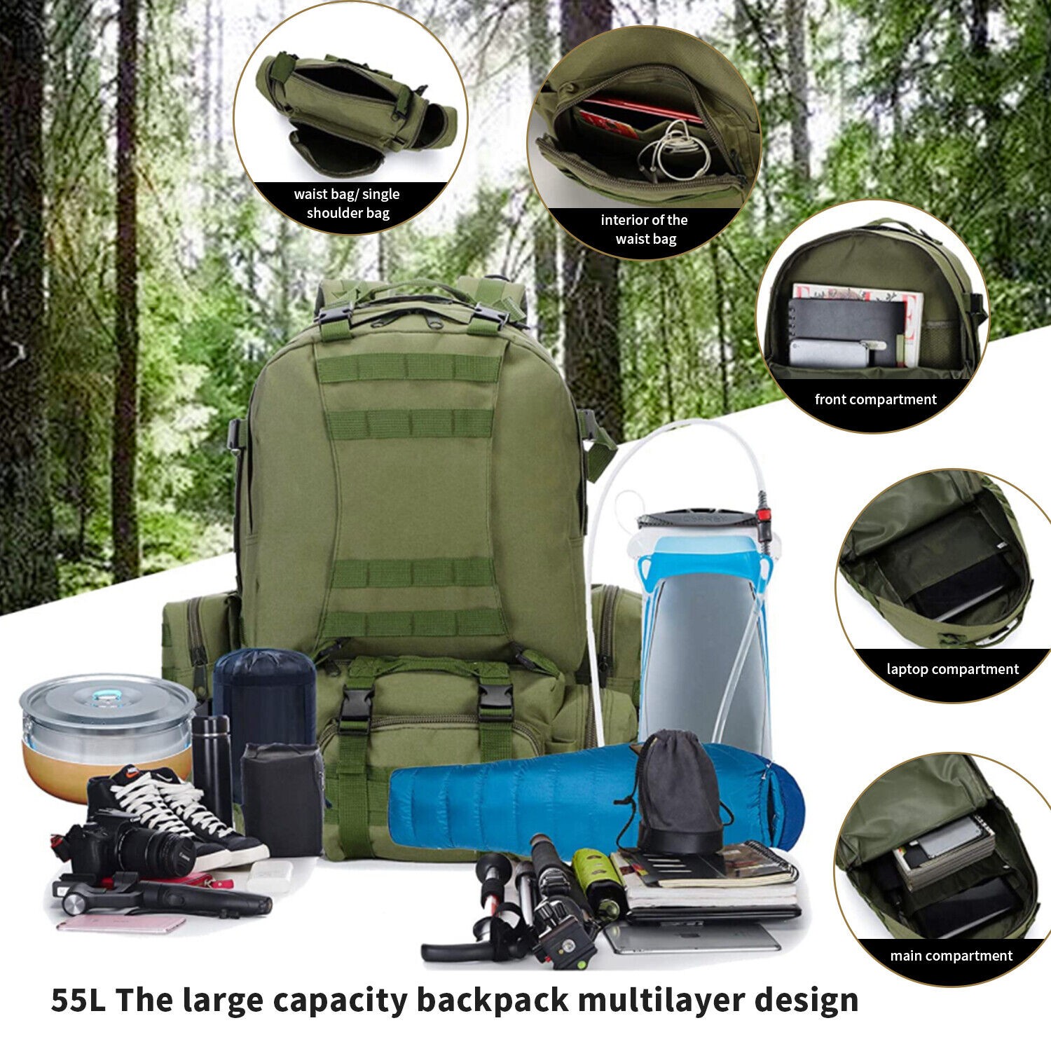 55L Large Tactical Backpack Military Army Molle Bag Rucksack 3 Day Assault Pack