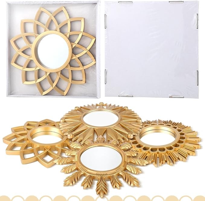Set of 4 Gold Mirrors for Wall Decor Small Circle Flowers Mirrors Decorative Gold Hanging Wall Art Flowers Mirror for Home Living Dinning Room Bedroom Bathroom Entryway Boho Decoration Art Gifts