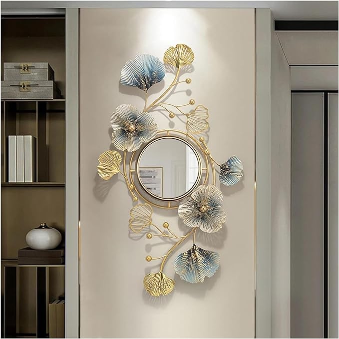 Hoernflk Large Wall Decorative Mirror for Living Room,Creative Wall-Mounted Metal Ginkgo Leaf Hanging Wall Mirror for Bedroom Entryway Dining Room,32 * 19IN