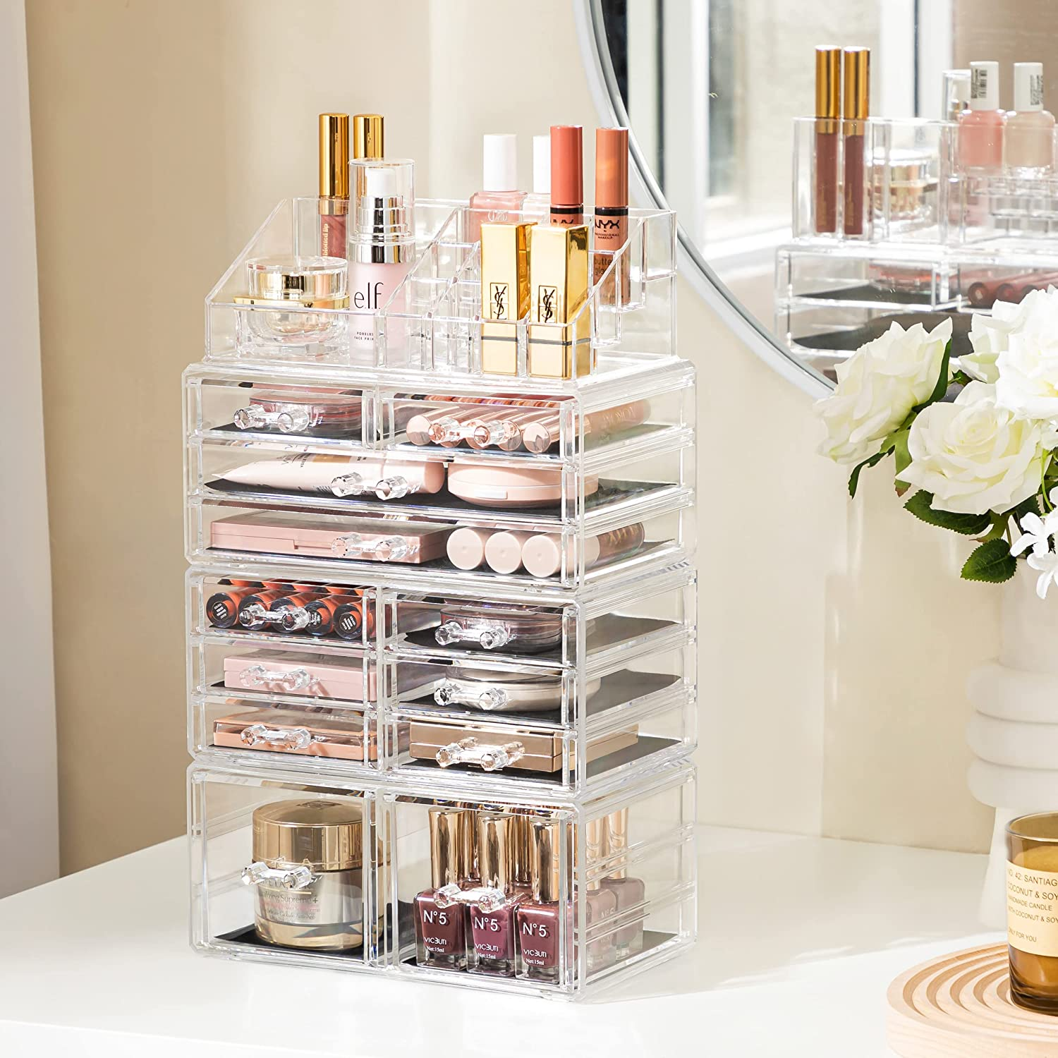 Makeup Organizer Acrylic Cosmetic Storage Drawers and Jewelry Display Box with 1
