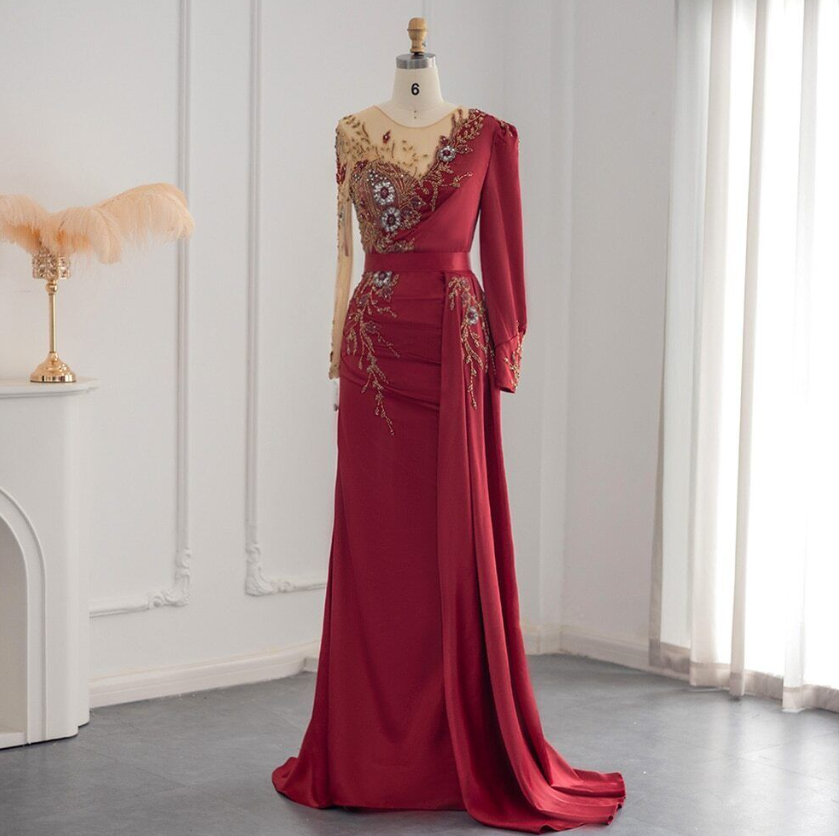 Burgundy Arabic Mermaid Evening Dress Wedding Guest Luxury Dubai Beaded Gowns