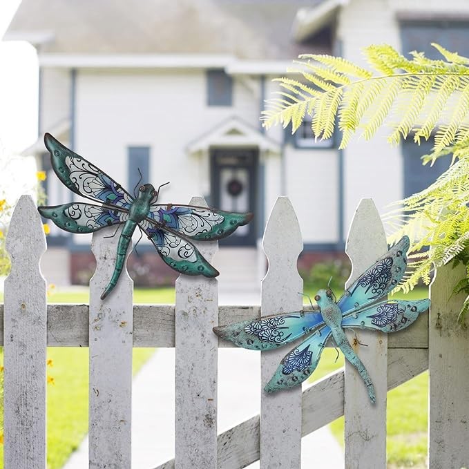 LIFFY Glass Metal Dragonfly Wall Decor a Pair - Outdoor Dragonfly Wall Art - Hanging Metal Dragonfly Decor for Garden and Home Decor - Dragonfly Gifts for Women