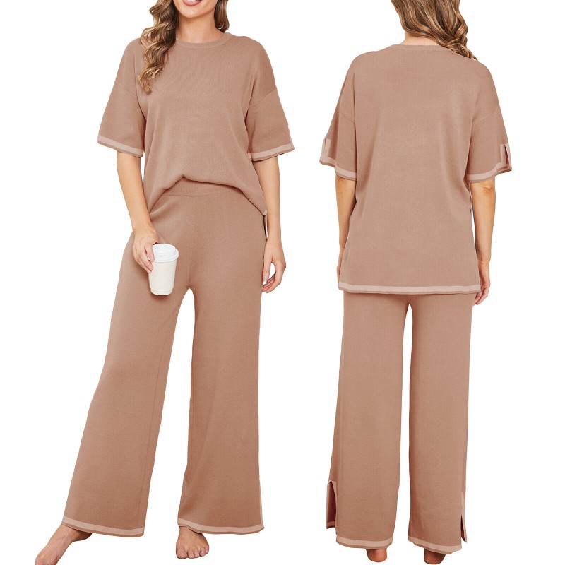 Women Casual Outfit Short Sleeve Crew Neck Tops Wide Leg Pants Loungewear Set