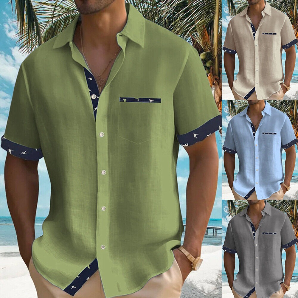 Blouse Button-down Shirt Tops Tunic Casual Pocket Color Block Short Sleeve Loose