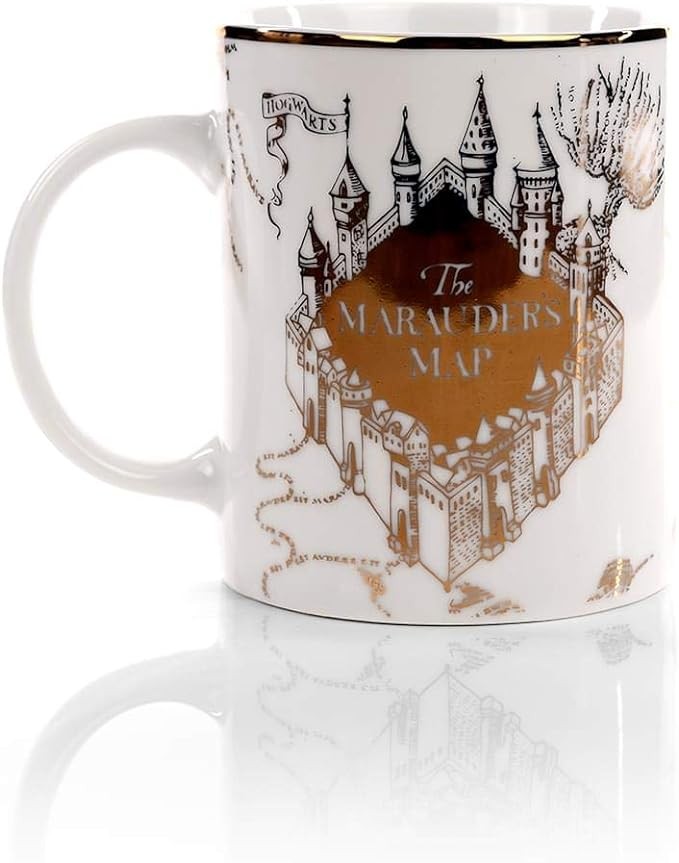 Harry Potter Marauder's Map Porcelain 4 Piece Place Setting - Gold Marauders Map Design - Includes 1 Dinner Plate, 1 Salad Plate, 1 Bowl and 1 Mug - Great Gift for Any Harry Potter Fan