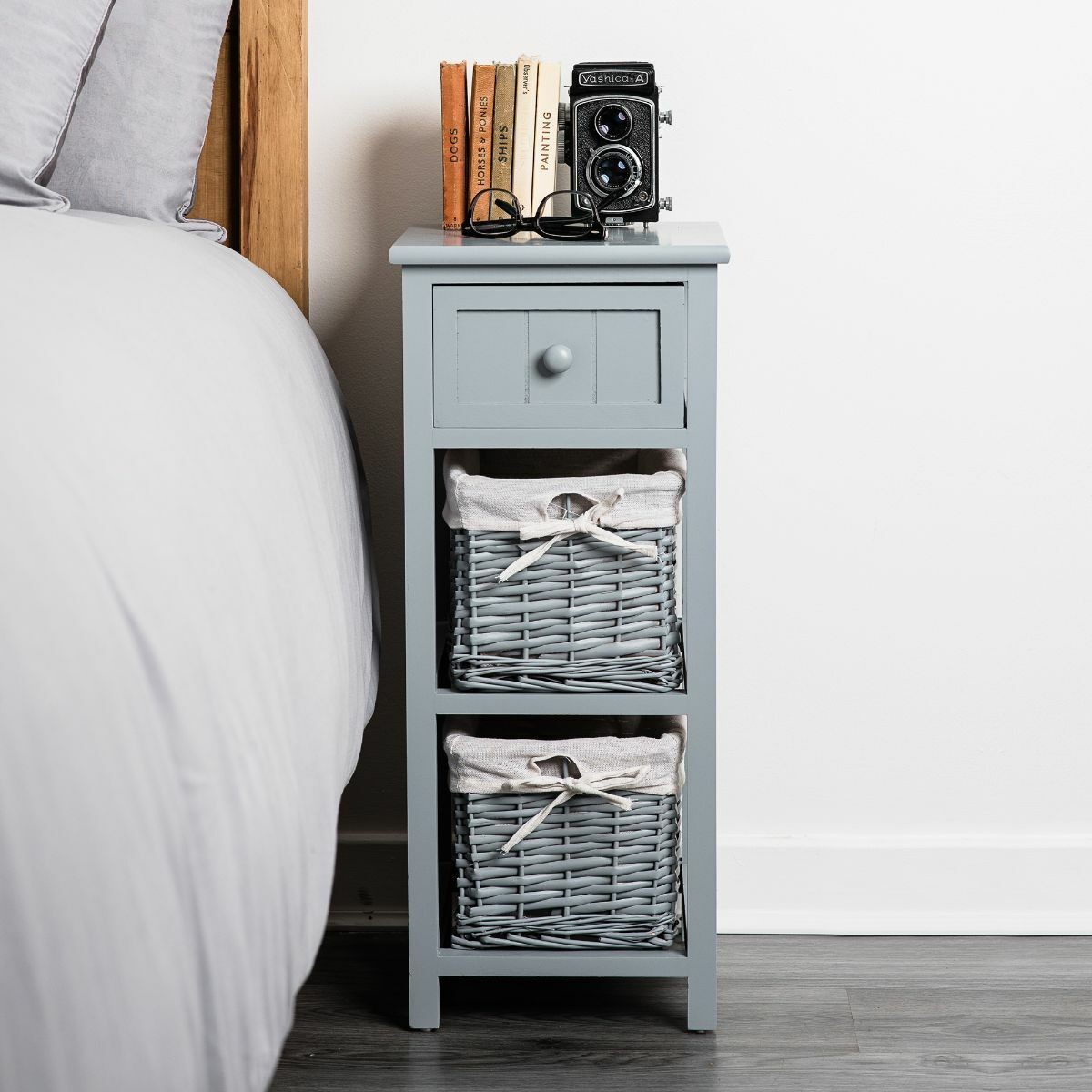 Shabby Chic Bedside Unit Tables Drawers Cabinet + Wicker Storage Wooden Bedroom