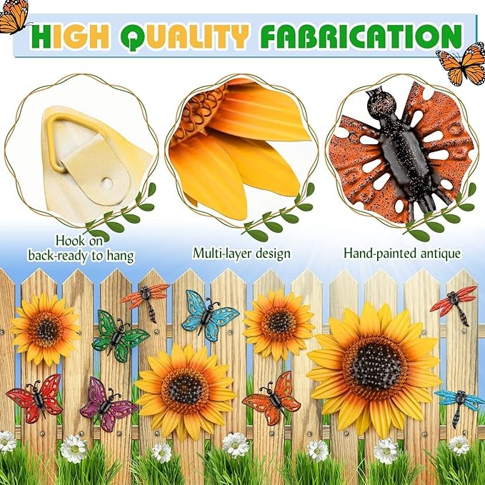 Sweetude 12 Pcs Metal Sunflower Wall Decor Colorful Metal Dragonfly Butterfly Outdoor Decor Garden Fence Patio Yard Flowers Wall Art Metal Summer Flowers Wall Decor Hanging for Home