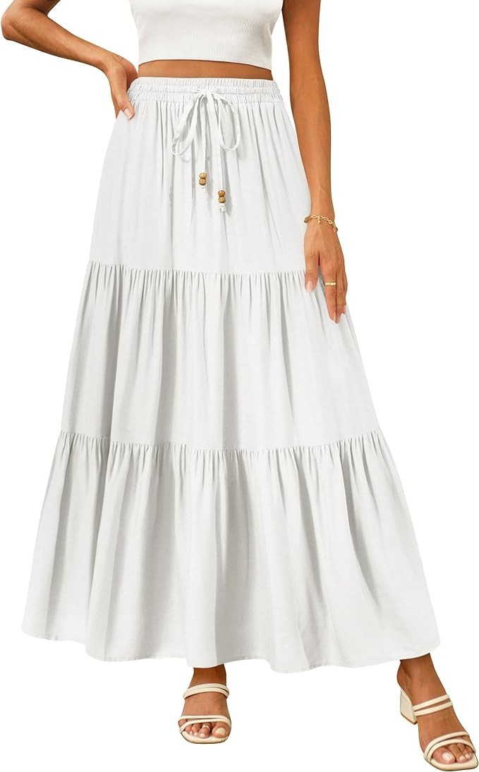 HAEOF Women's Summer Boho Elastic High Waist Maxi Skirt A-Line Flowy Swing Ruffle Tiered Long Beach Skirts with Pockets