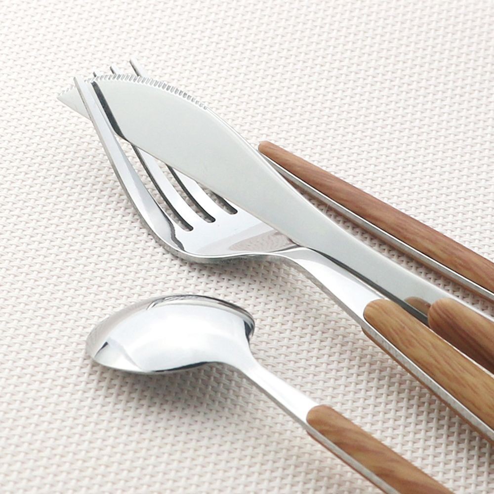 Wooden Handle Cutlery Stainless Steel Knife Fork Spoon Dinnerware Tableware Tool