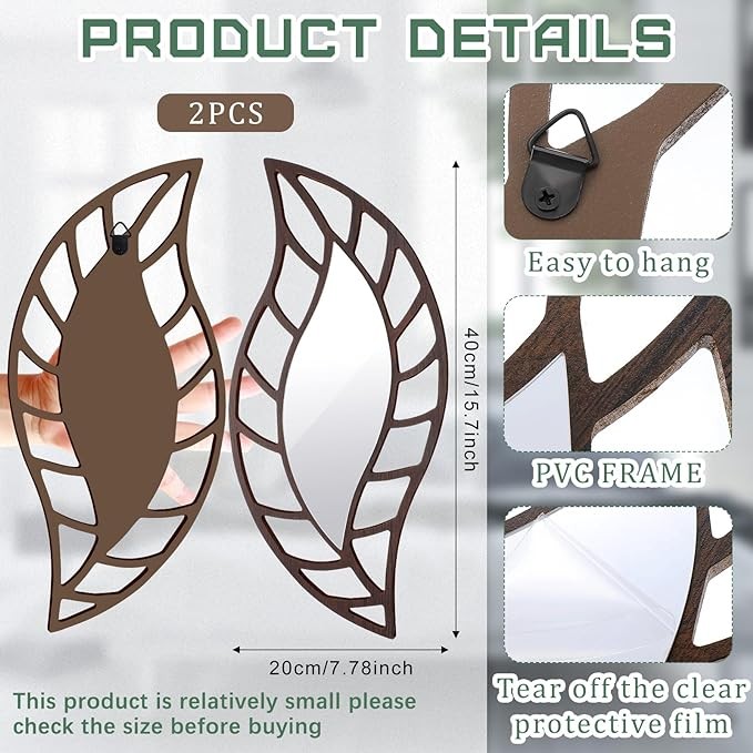 Roowest 2 Pcs Decorative Mirror Wall Decor Leaf Teardrop Mirror Wall Art Mirror Wall Mounted Decorations for Living Room Bedroom Bathroom Vanity Entryway Office(Brown)