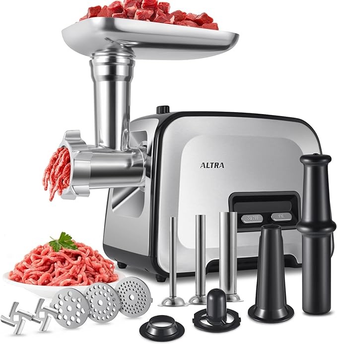 ALTRA Meat Grinder Electric, Sausage Maker with 3 Stainless Steel Sausage Tubes, 2 Blades, 3 Grinding Plates, Plastic Tube & Kubbe Kit, Home Kitchen Use,�2600W Max】�Concealed Storage Box】