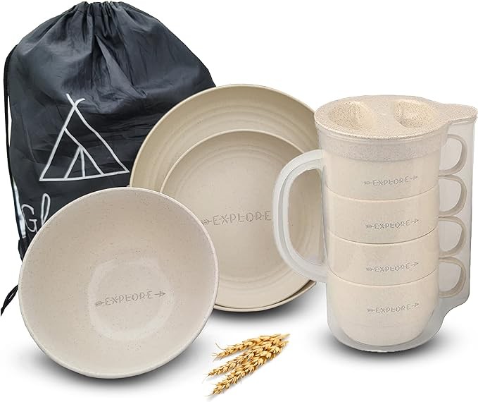 17-Piece Wheat Straw Dinnerware Set for 4 - Lightweight RV Dishes for Camper with Bag - Unbreakable RV Plates and Bowls Set - Microwave & Dishwasher Safe RV Dinnerware Set - RV Kitchen Accessories
