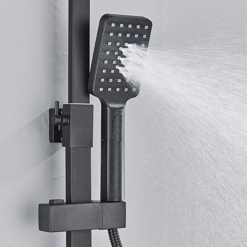 Modern Exposed Black Shower Mixer Twin Head Bar Set Bathroom Square Valve Tap