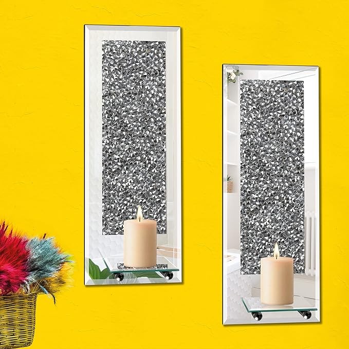Phore Wall Candle Sconces Set of 2 Crystal Crush Diamond Mirrored Candle Holder Wall Decorations for Living Room, Dining Room, Bedroom & Bathroom