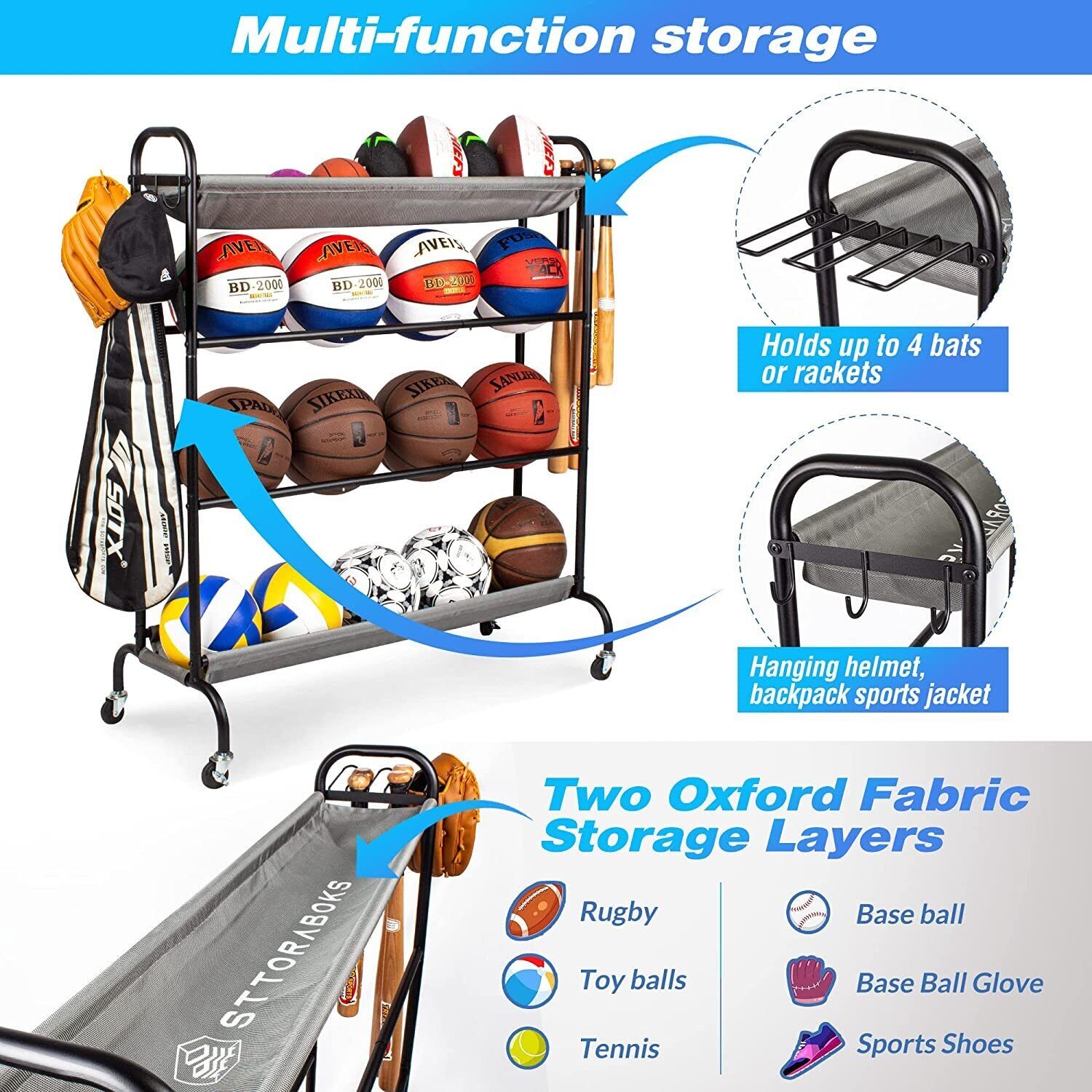 Garage Ball Storage Stand with Baseball Bat Holder & Hooks Sport Equipment Cart