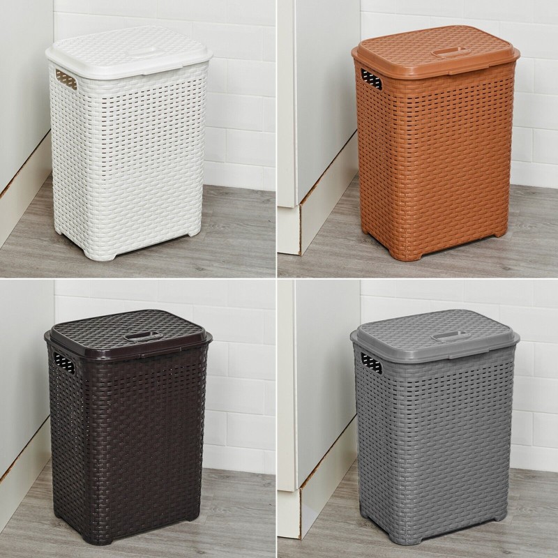 45/55L Plastic Rattan Dirty Laundry Clothes Washing Bin Basket Storage Organiser