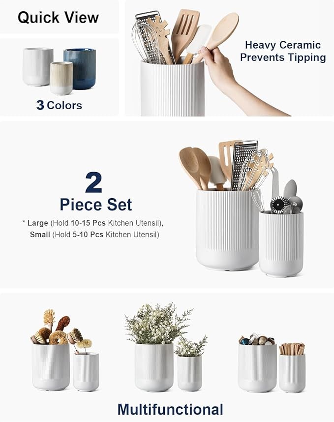 LE TAUCI Utensil Holder, 7.3"+5.4" Ceramic Kitchen Utensil Holder for Countertop, Large Cooking Utensil Crocks for Kitchen Counter, Morden Utensil Organizer for Spatula, Kitchen Decor, Set of 2, White