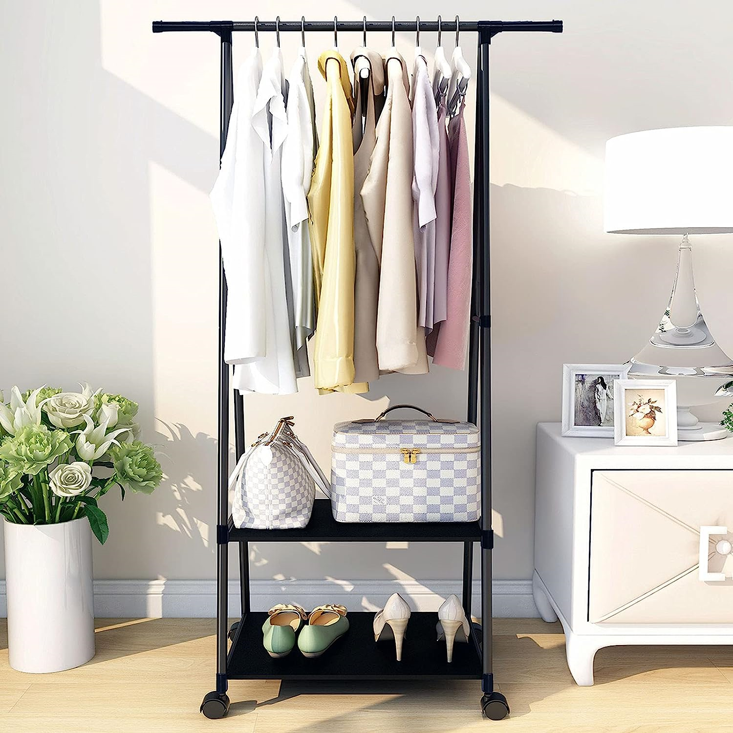 Jecpuo Clothes Rack Small Metal Garment Rack with Shelves for bedroom Rolling on