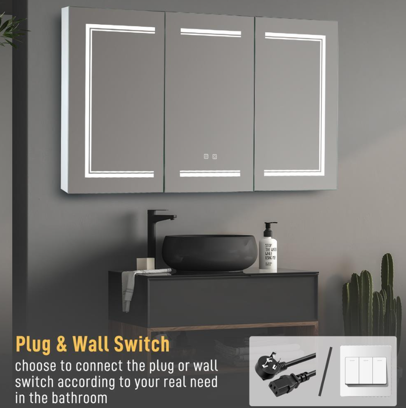 48x28in Bathroom LED Lighted Medicine Cabinet Wall-mounted with Charging Station