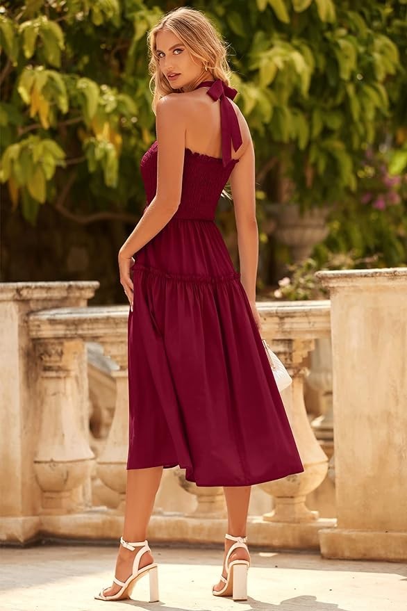 PRETTYGARDEN Women's 2024 Summer Maxi Dress Halter Neck Backless Ruffle Smocked Casual Long Flowy Boho Dresses