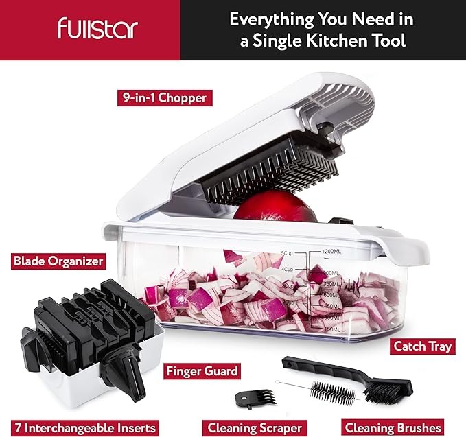 Fullstar Vegetable Chopper - Spiralizer Vegetable Slicer - Onion Chopper with Container - Pro Food Chopper - Slicer Dicer Cutter - (9 in 1, White)