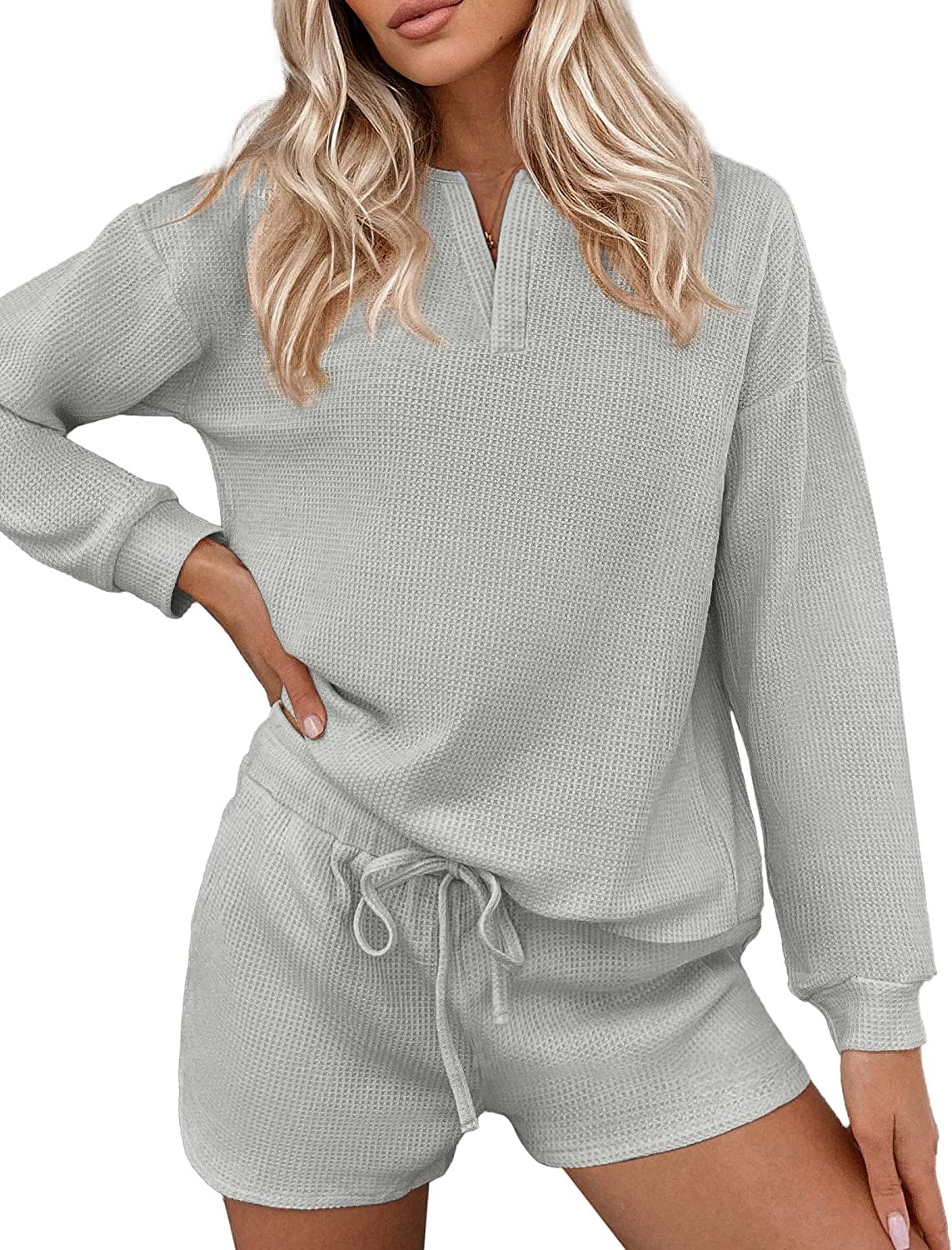 Ekouaer Pajamas Womens Waffle Knit Lounge Set Long Sleeve Top and Shorts 2 Piece