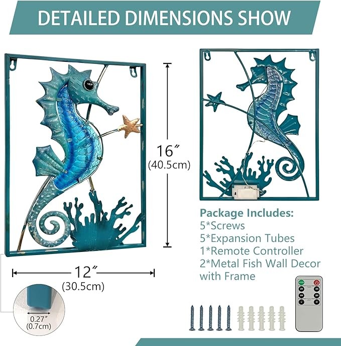 LIFFY Metal Wall Art Seahorse with Frame 13 LED lights,Beach Decor Fish Glass Sculpture Coastal Wall Hanging Ocean Theme Nautical Outdoor Decor for Patio,Garden,Yard,Pool,home gift(2pcs, Blue)