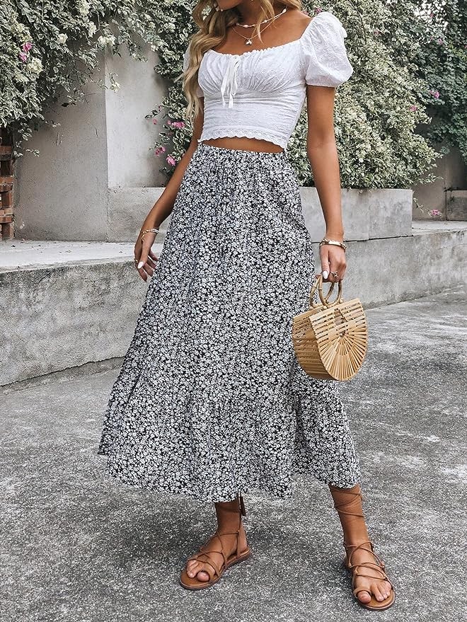 SweatyRocks Women's Casual High Waist Floral Print Skirt Split Thigh A Line Maxi Skirts