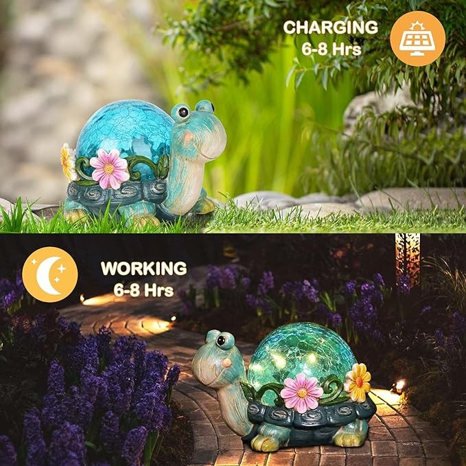 Afirst Solar Garden Statues Outdoor Figurines - Turtle Lawn Ornament with Solar Lights Cracked Glass Outdoor Decor for Patio Yard Decorations