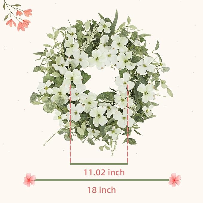 YNYLCHMX 18" Spring Wreaths for Front Door Summer Wreath with White Phalaenopsis Green Eucalyptus Leaves, Artificial Wreath Green Foliage Wreath for Wall Window Farmhouse Party Holiday Home Decor
