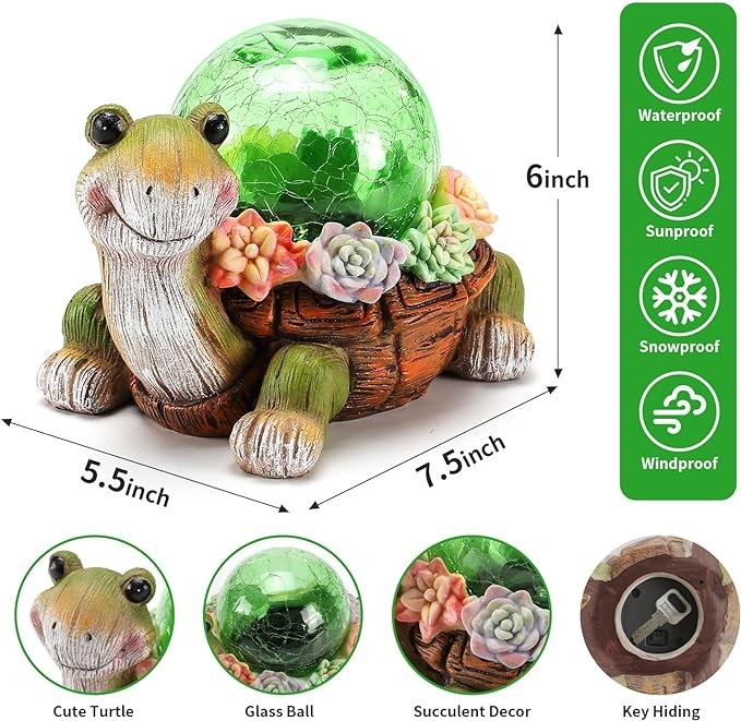 Vasesun Solar Turtle Garden Statue Lights for Outdoor Decor with Cracked Glass LED Figurine Lighting Resin Succulent Tortoise Decorations for Patio Lawn Yard Home Housewarming Mom Wowen Gifts
