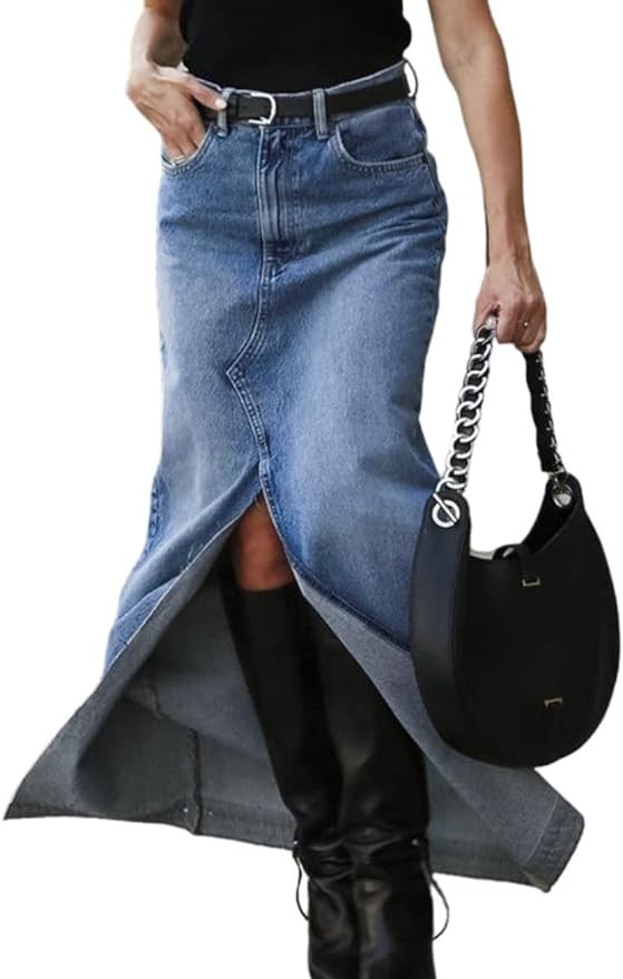 Drikio Womens Long Denim Skirt High Waist Split Skirt Zipper Up Asymmetrical Maxi Skirts Stretch Jean Skirt with Pockets