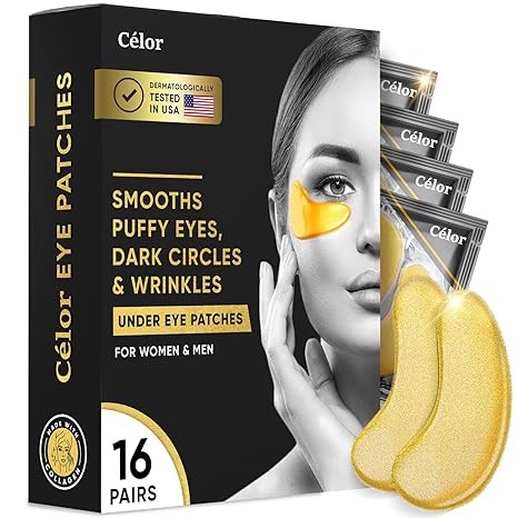 Skin Care Under Eye Patches, Golden Under Eye Masks for Dark Circles and Puffy Eyes, Eye Mask with Amino Acid, Irish Sea Moss & Collagen, Spa Eye Masks for Face Care, Beauty & Personal Care - 16 Pairs