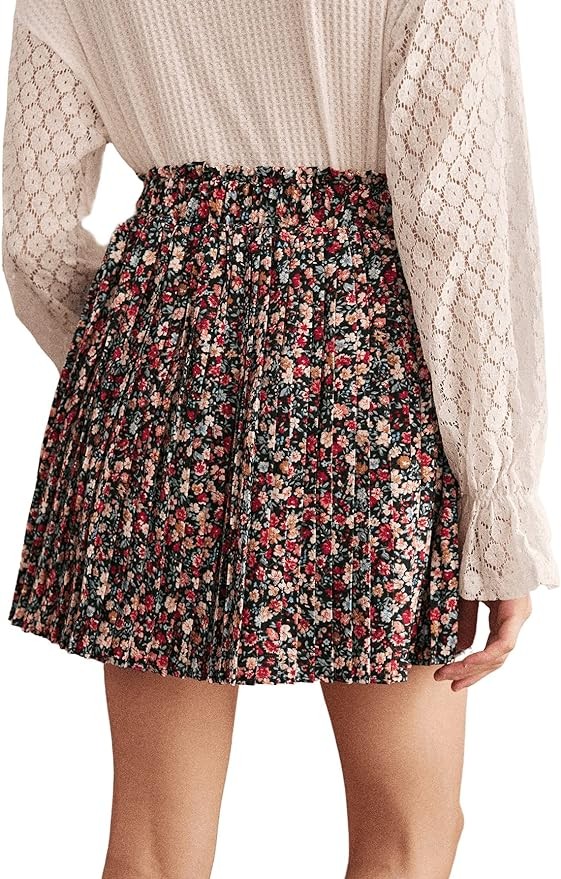 SweatyRocks Women's High Waist Mini Pleated Skater Skirt Flared A-Line Floral Short Skirt