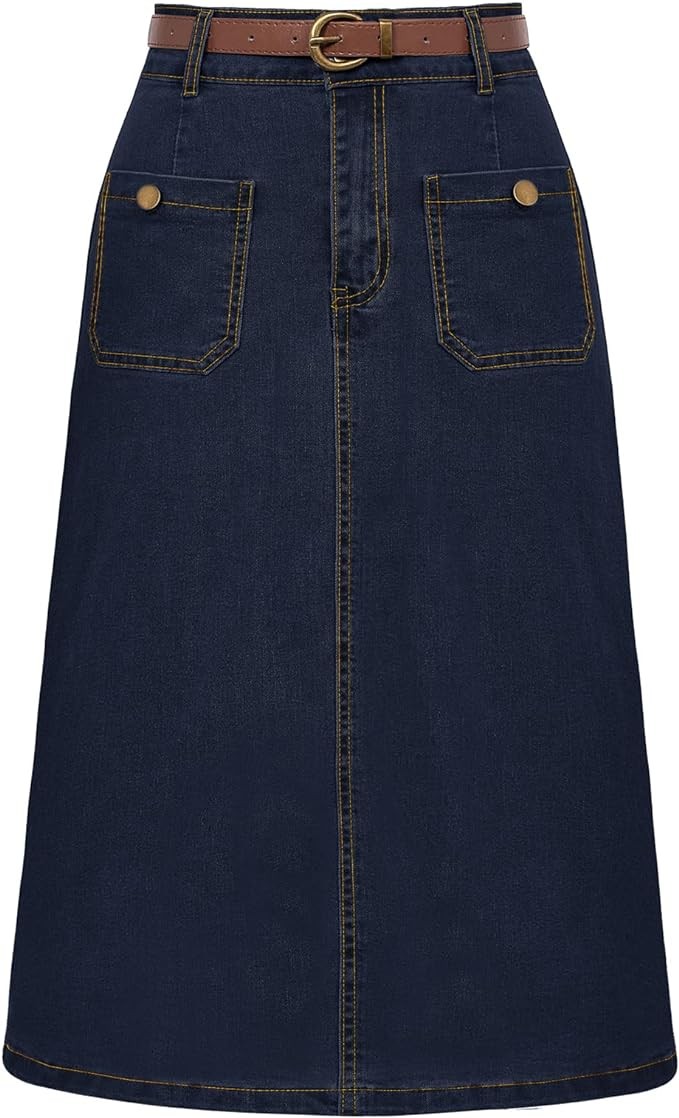 Belle Poque Denim Skirt with Belt Below Knee Length High Waisted Jean Skirts for Women