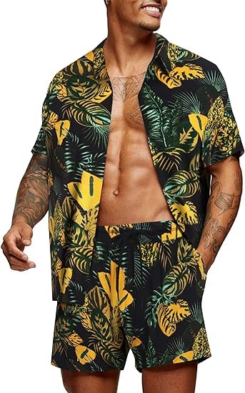 COOFANDY Men's Hawaiian 2-Piece Short Set Cruise Wear Short Sleeve Button Down Shirts and Shorts