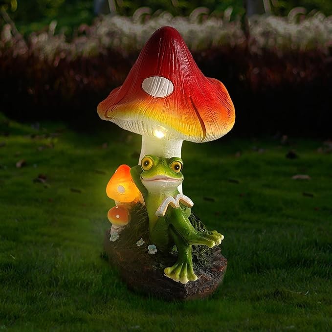 AOC Solar Outdoor Garden Statue, Resin Mushroom Frog Reding Book Sculpture with LED Figurine Lights for Patio Yard Decor, Spring Home Garden Deco