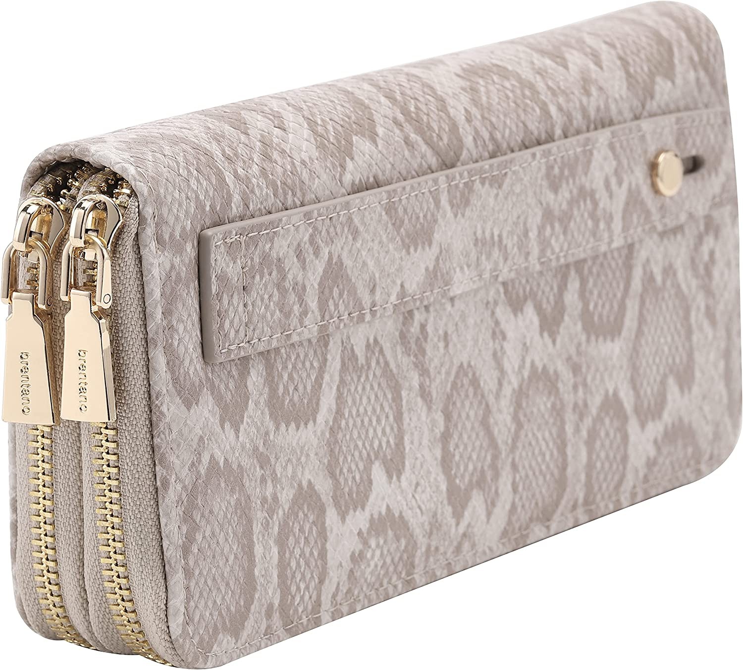Vegan Leather Double Zipper Pocket Wallet with Grip Hand Strap (Chevron Embroide