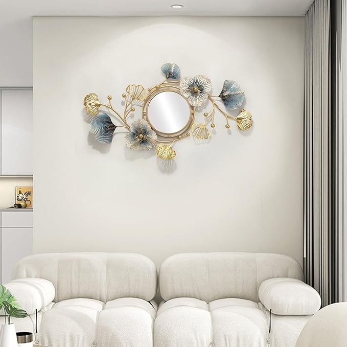 Hoernflk Metal Decorative Wall Mirrors for Living Room,Large Metal Wall Mirrors Ginkgo Leaf Wall Decor Mirror for Entrance Bedroom Living Room,83 * 48cm