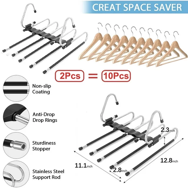 2 Pack Pants Hangers Non Slip Space Saving - Closet Storage Organizer Multiple Layers Multifunctional Closet Hangers, Clothes Hangers for Trousers Scarves Slack