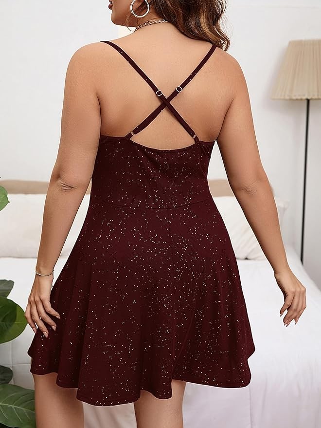 Floerns Women's Plus Size Sleeveless Glitter Dress Wrap V Neck Flared Short Dress