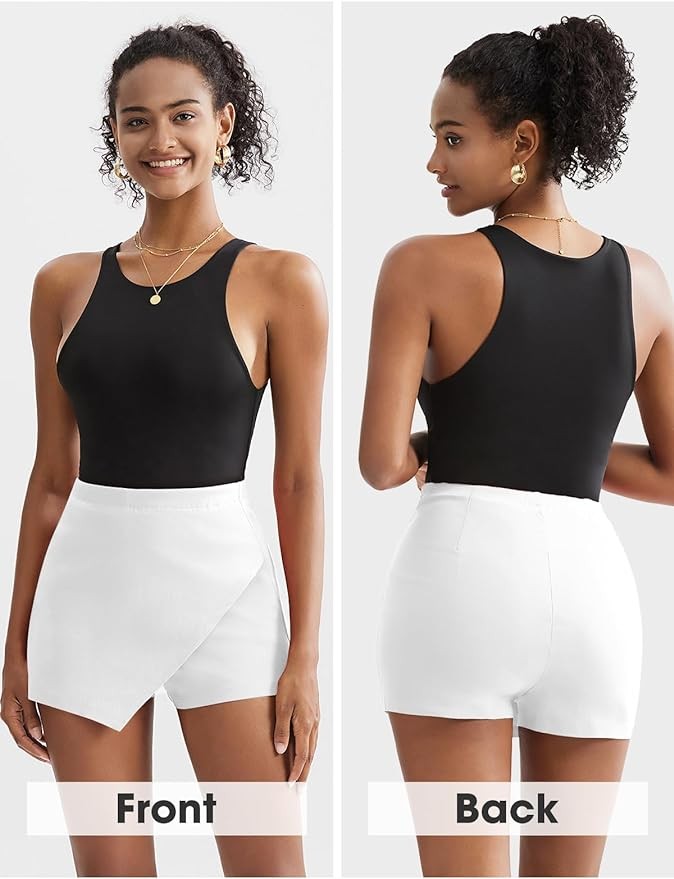 EXLURA Women's High Elastic Waist Bodycon Asymmetrical Skorts Short Mini Skirt with Shorts