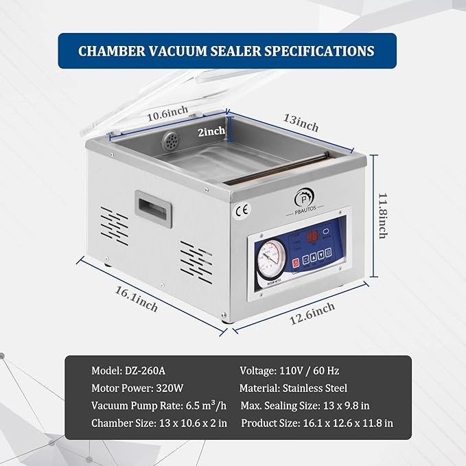 P PBAUTOS Chamber Vacuum Sealer Machine, with Micro Computer Control, DZ260A 110V/60Hz Food Packaging Sealer Machine with 6.5CBM/h Pump Rate, Applied in Home Kitchen and Commercial Use