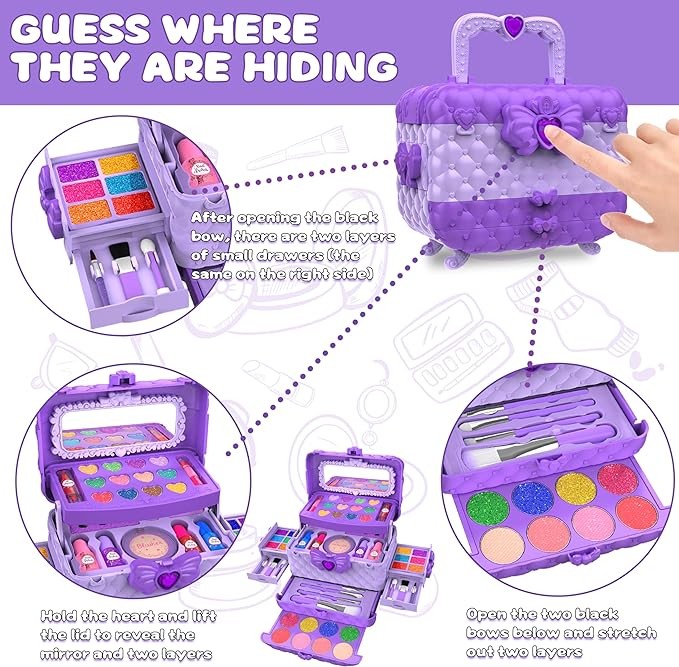 54 Pcs Kids Makeup Kit for Girls, Princess Real Washable Pretend Play Cosmetic Set Toys with Mirror, Non-Toxic & Safe, Birthday Gifts for 3 4 5 6 7 8 9 10 Years Old Girls Kids (Purple)