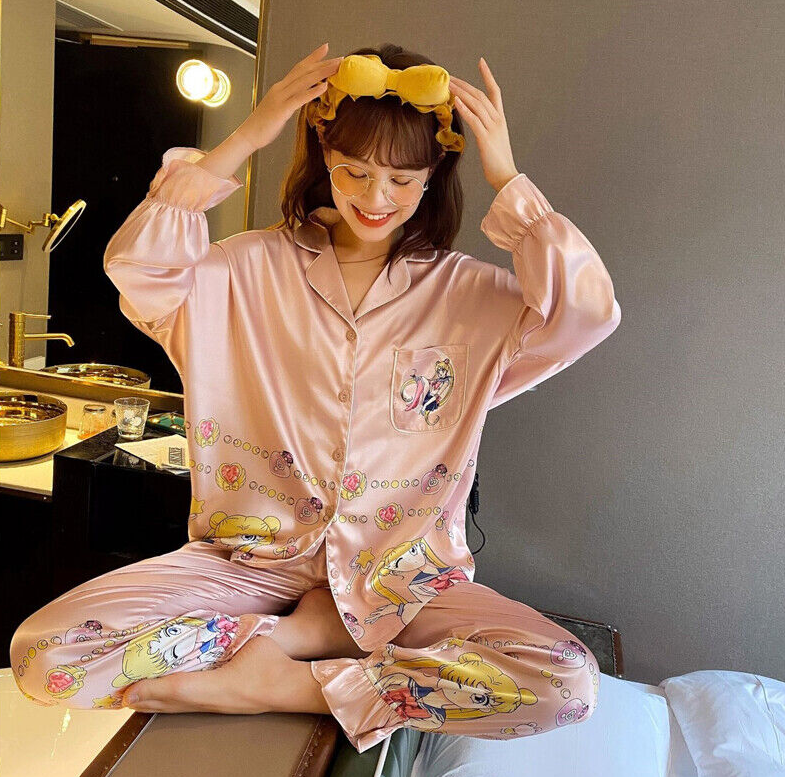 Sailor Moon Ice Silk Pajamas Set Women Cartoon V-neck Long Sleeve Sleepwear Pink